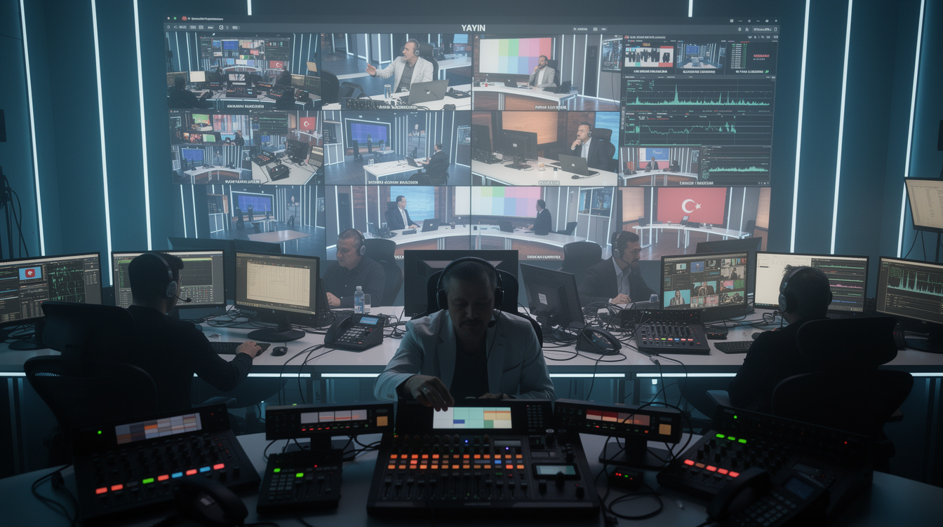TV yayın kontrol odasında ekranları izleyen yapım ekibi