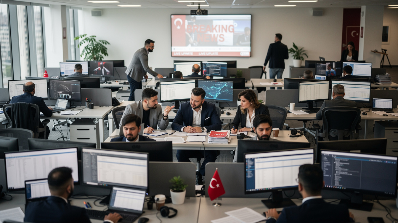 Yoğun bir haber odasında çalışan gazeteciler